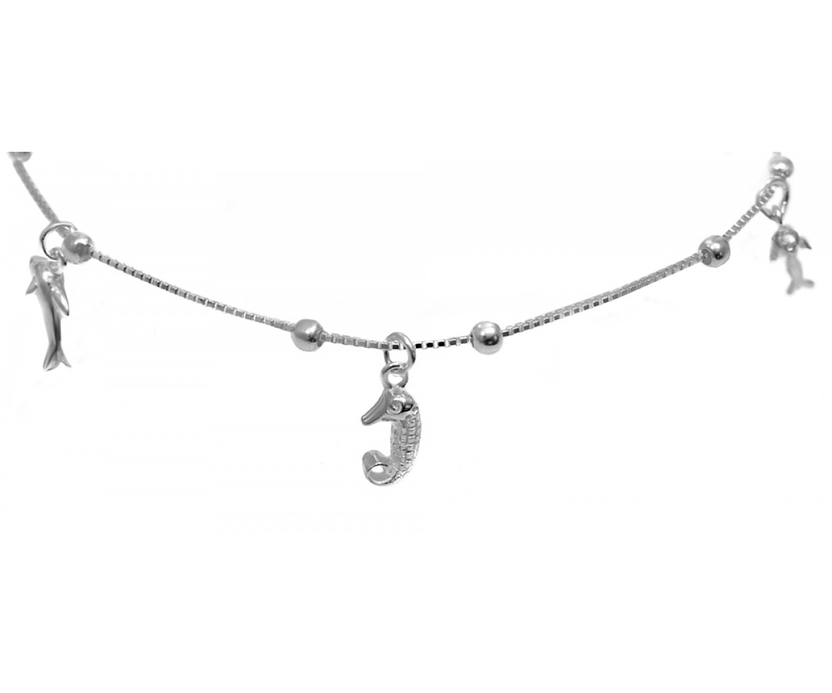 Sterling Silver Anklet with Sea Life Charms for evil eye protection