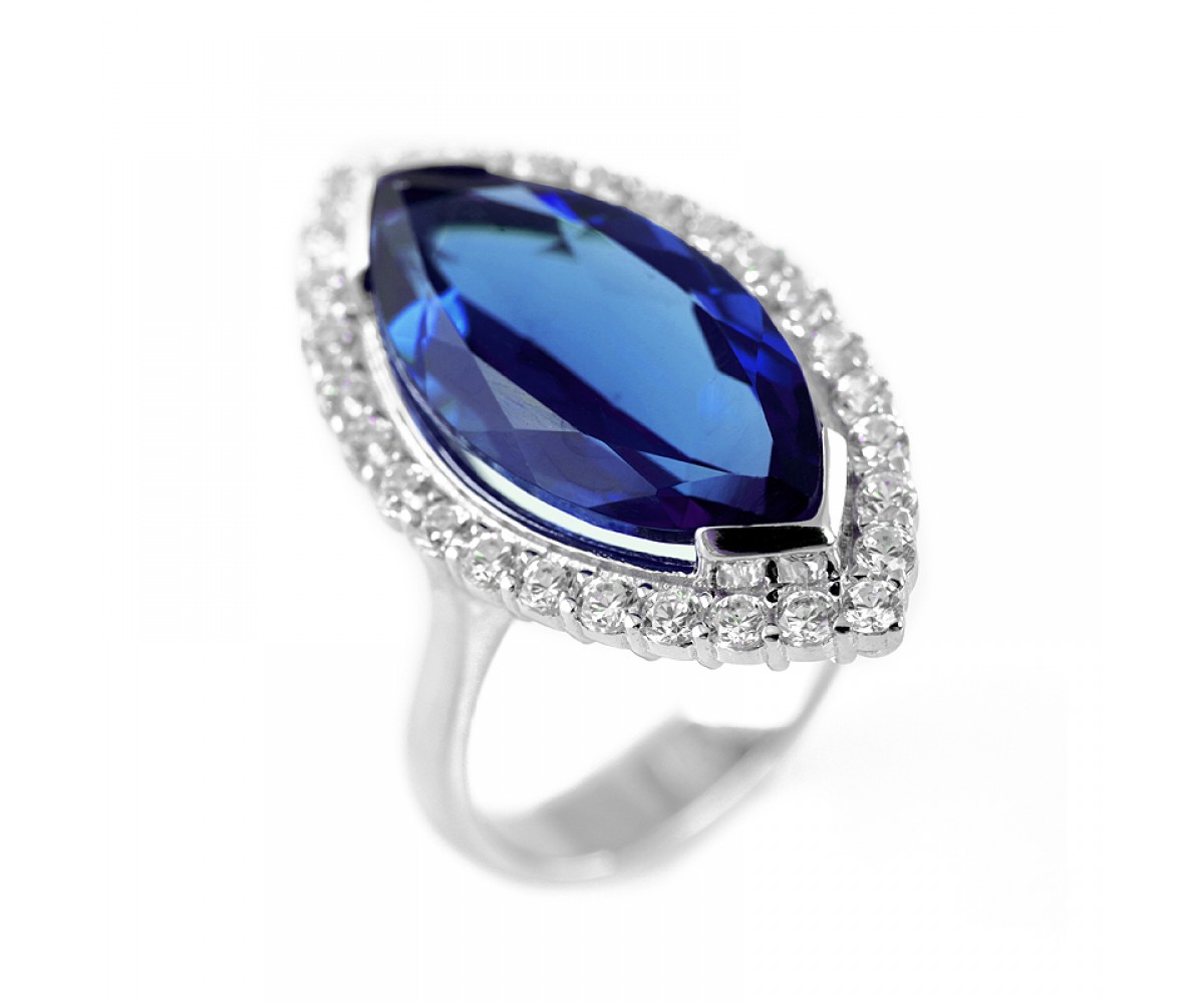 Sapphire Quartz Silver CZ Ring for evil eye protection
