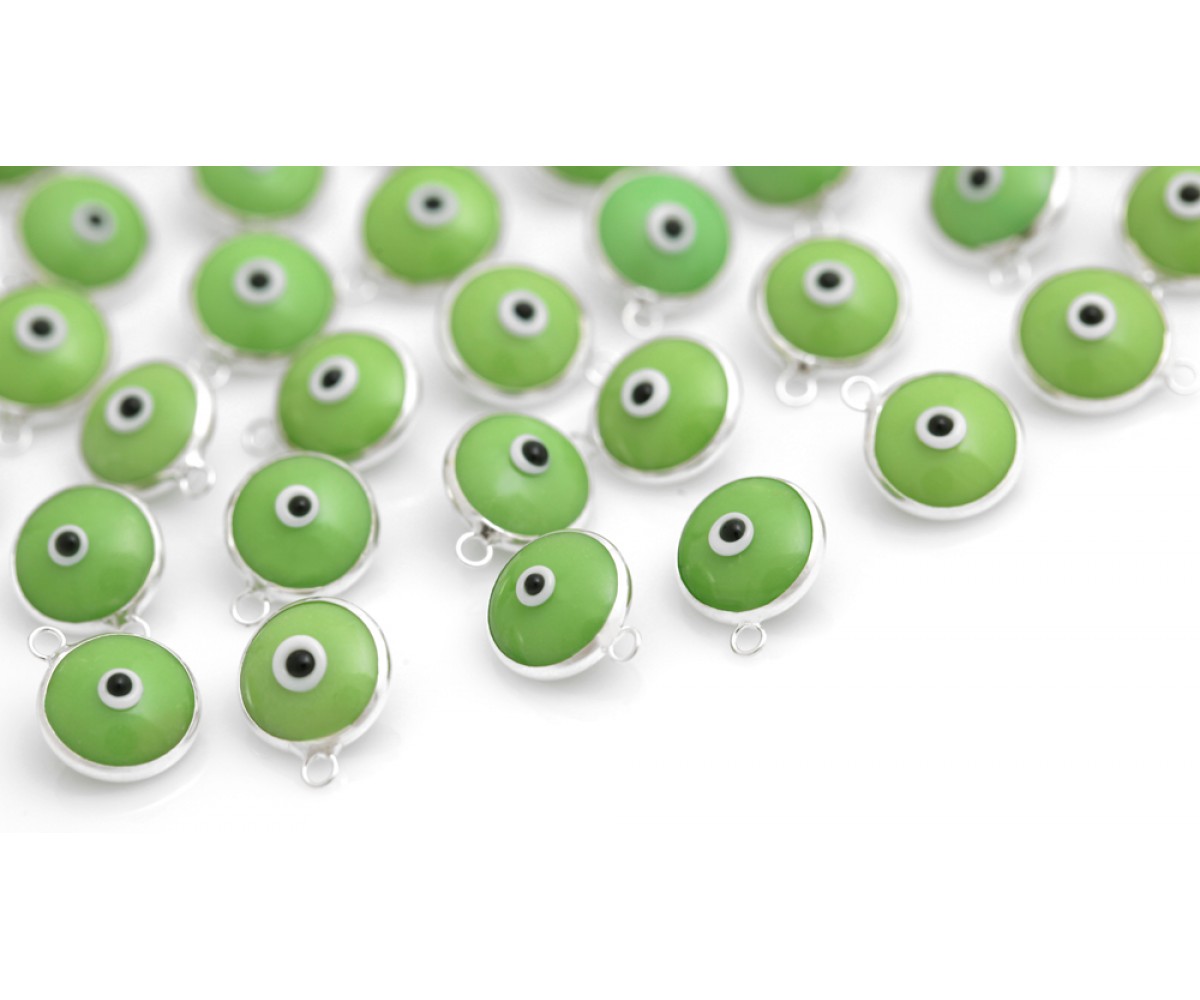 Silver Evil Eye Beads Green Double Sided - 50 pcs for evil eye protection