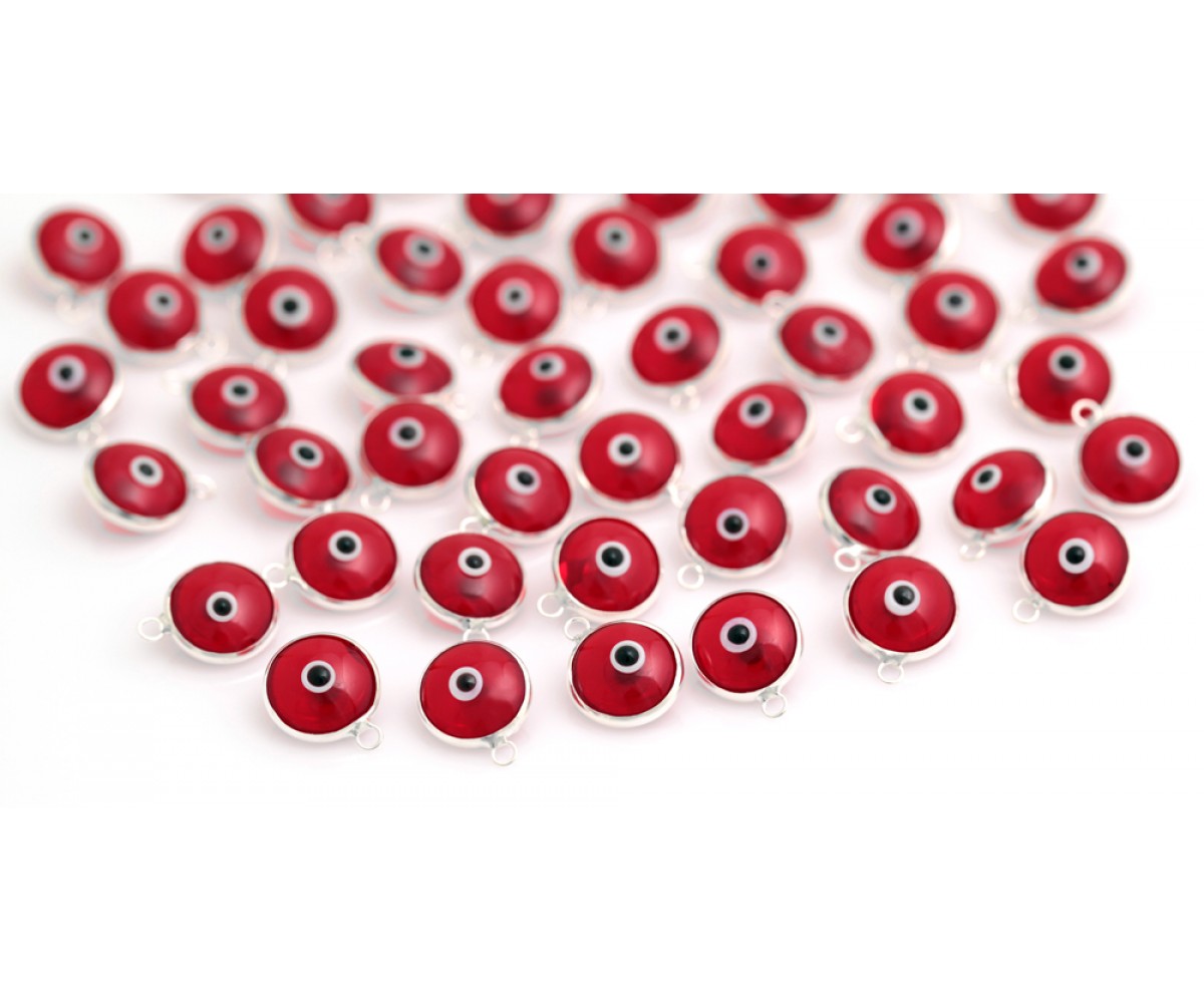 Silver Evil Eye Beads Red Double Sided - 50 pcs for evil eye protection