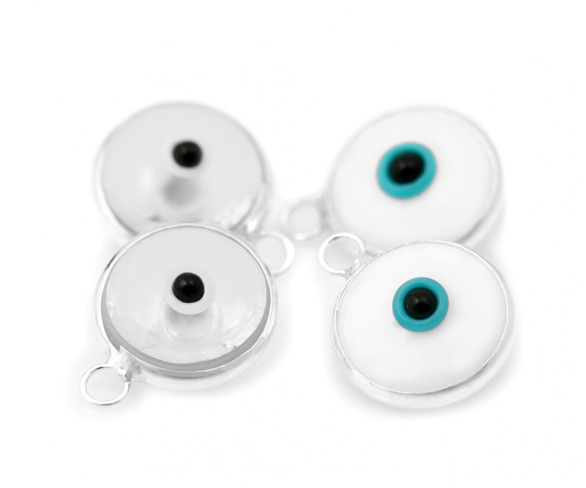 Silver Evil Eye Beads White Double Sided - 50 pcs for evil eye protection