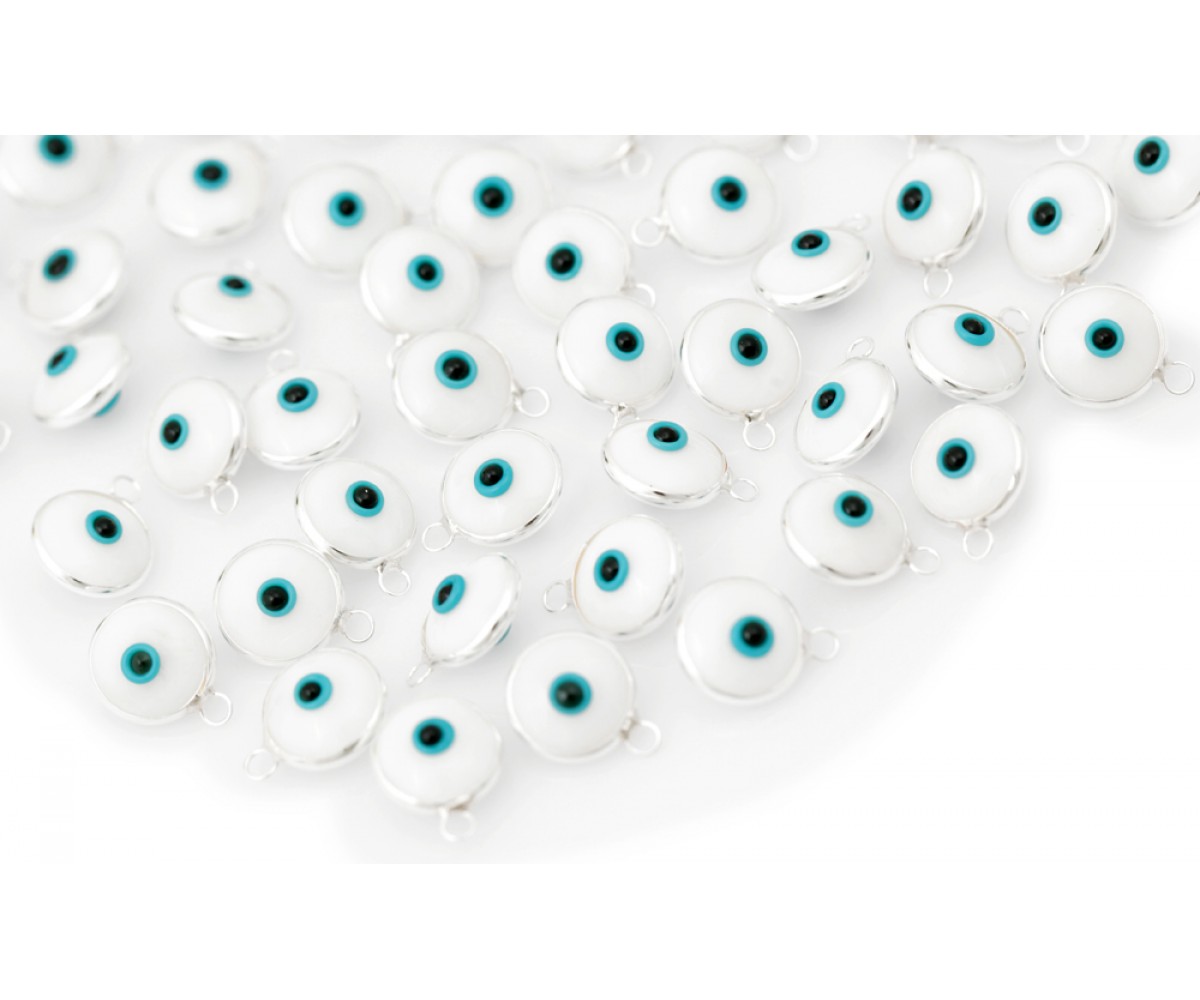 Silver Evil Eye Beads White Double Sided - 50 pcs for evil eye protection