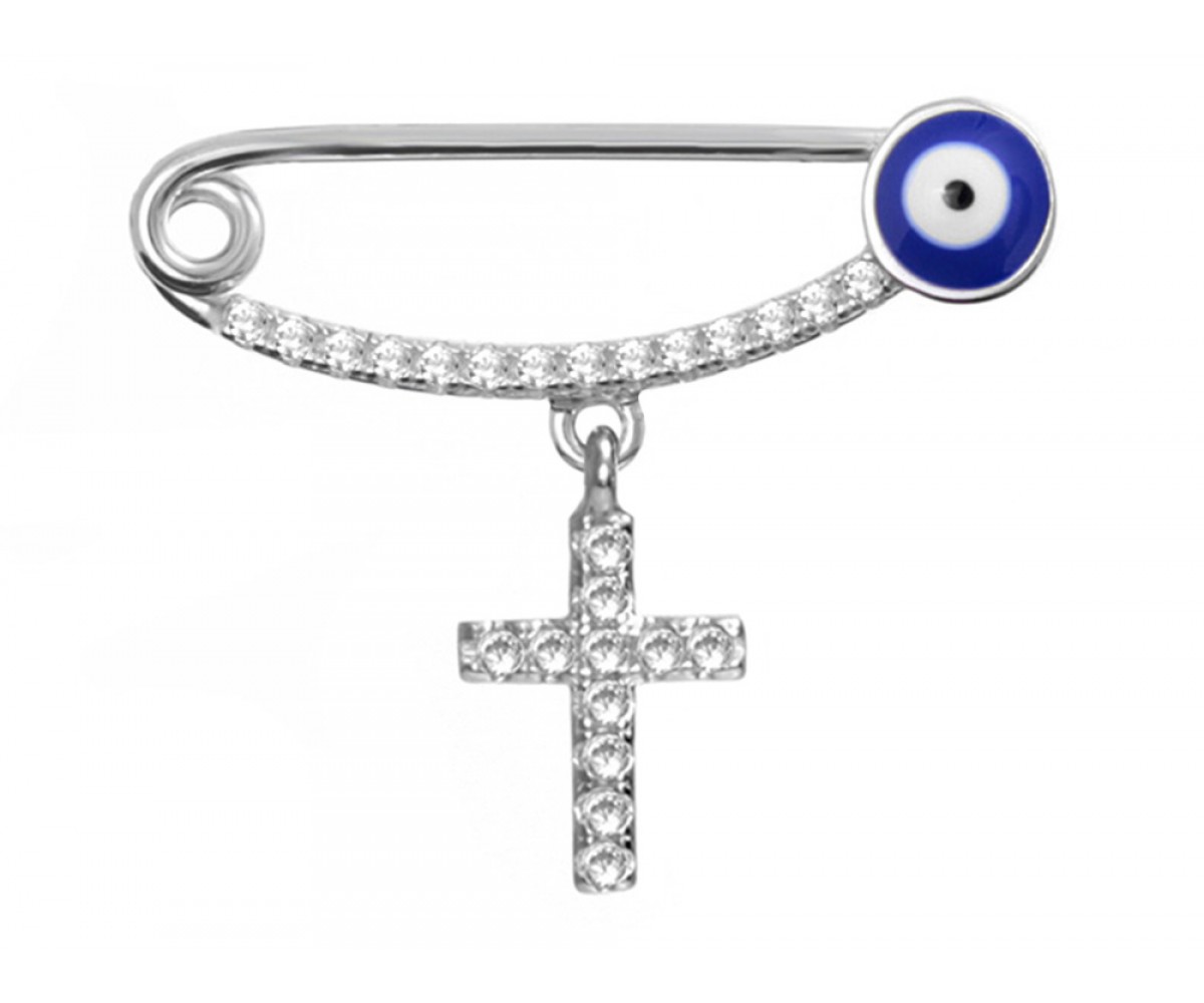 Evil Eye Baby Pin with Cross Charm for evil eye protection