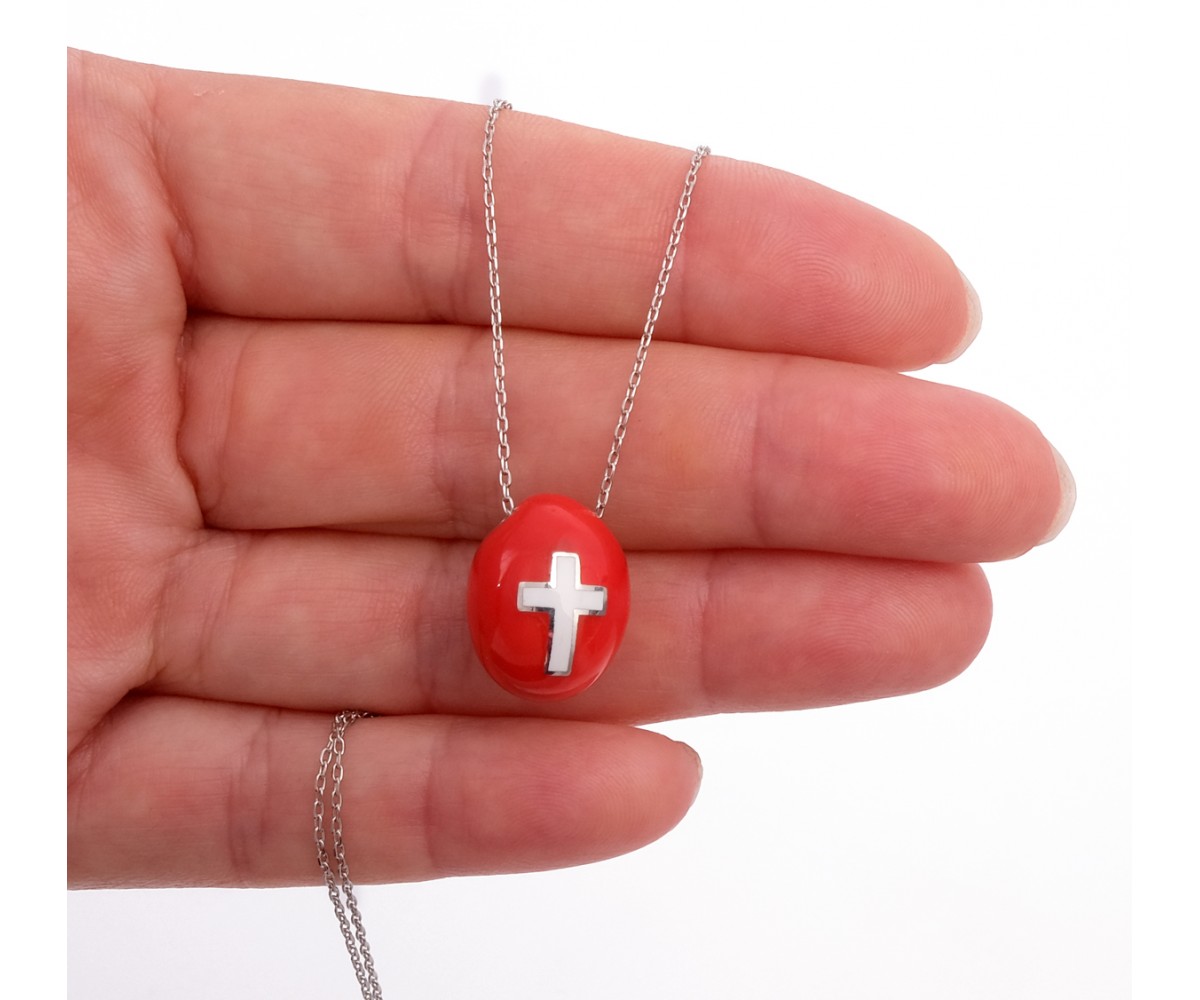 Silver Egg Necklace with Cross for evil eye protection