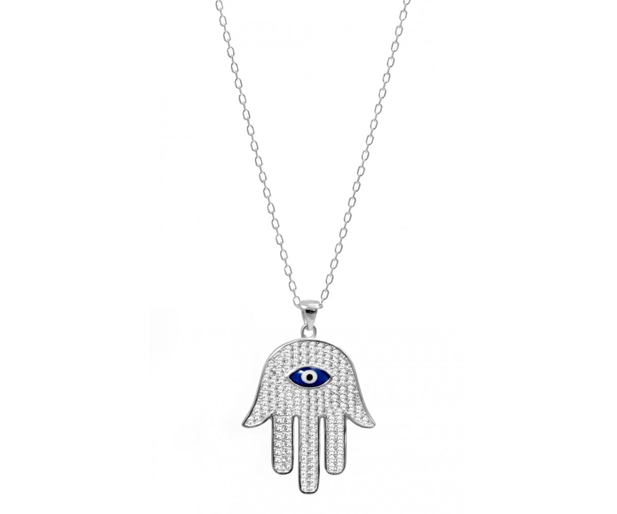Silver Evil Eye Hamsa Necklace with Cz Stones for evil eye protection