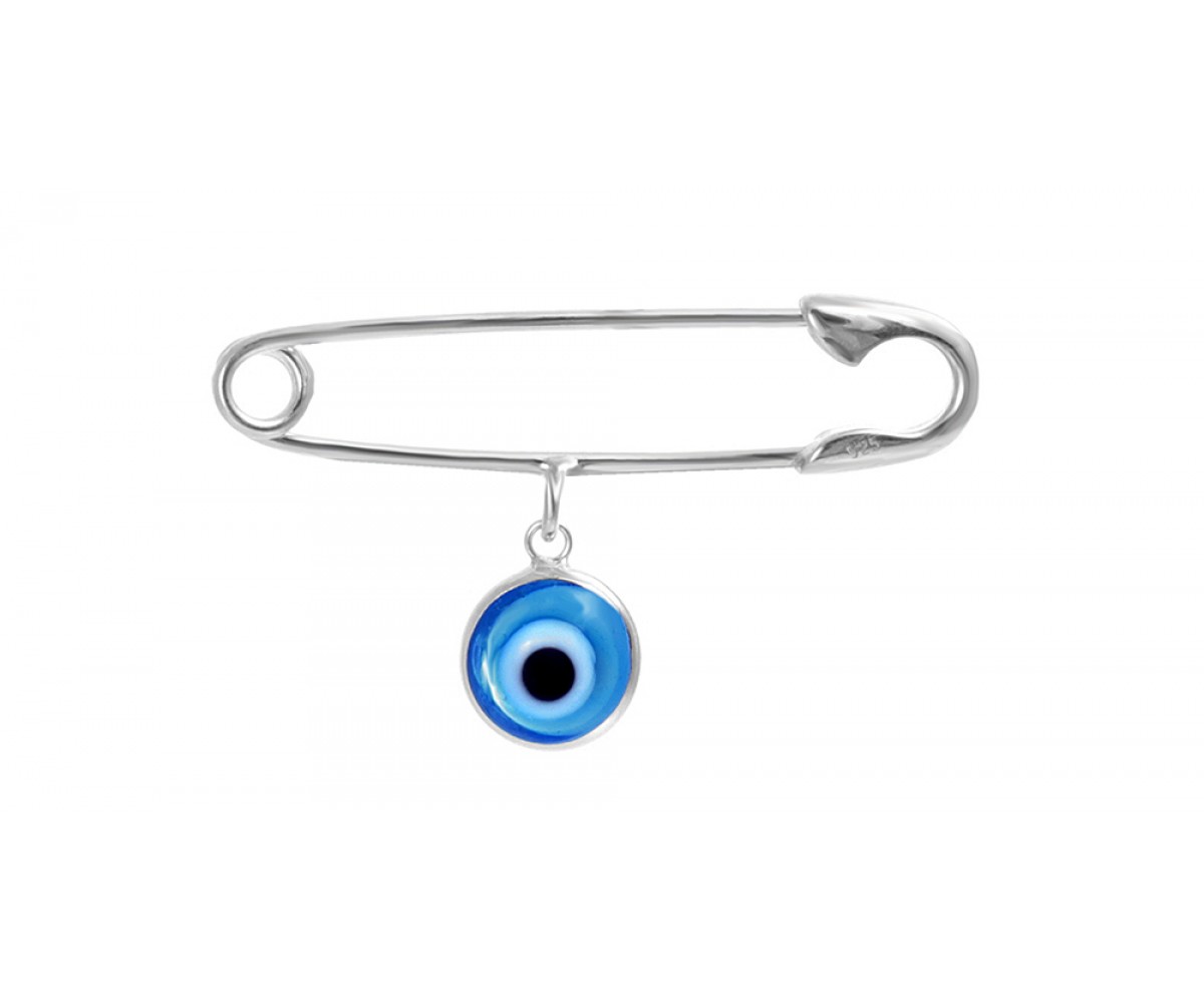 Silver Safty Pin with Blue Evil Eye for evil eye protection